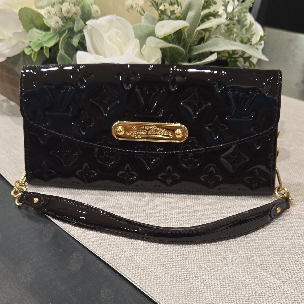 Louis Vuitton Glossy Black Deep Burgundy Clutch with Gold Accents